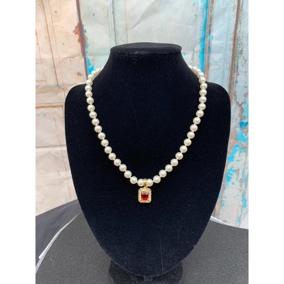 8mm Faux Pearl Necklace 18" with Red Pendant - Picture 2 of 6